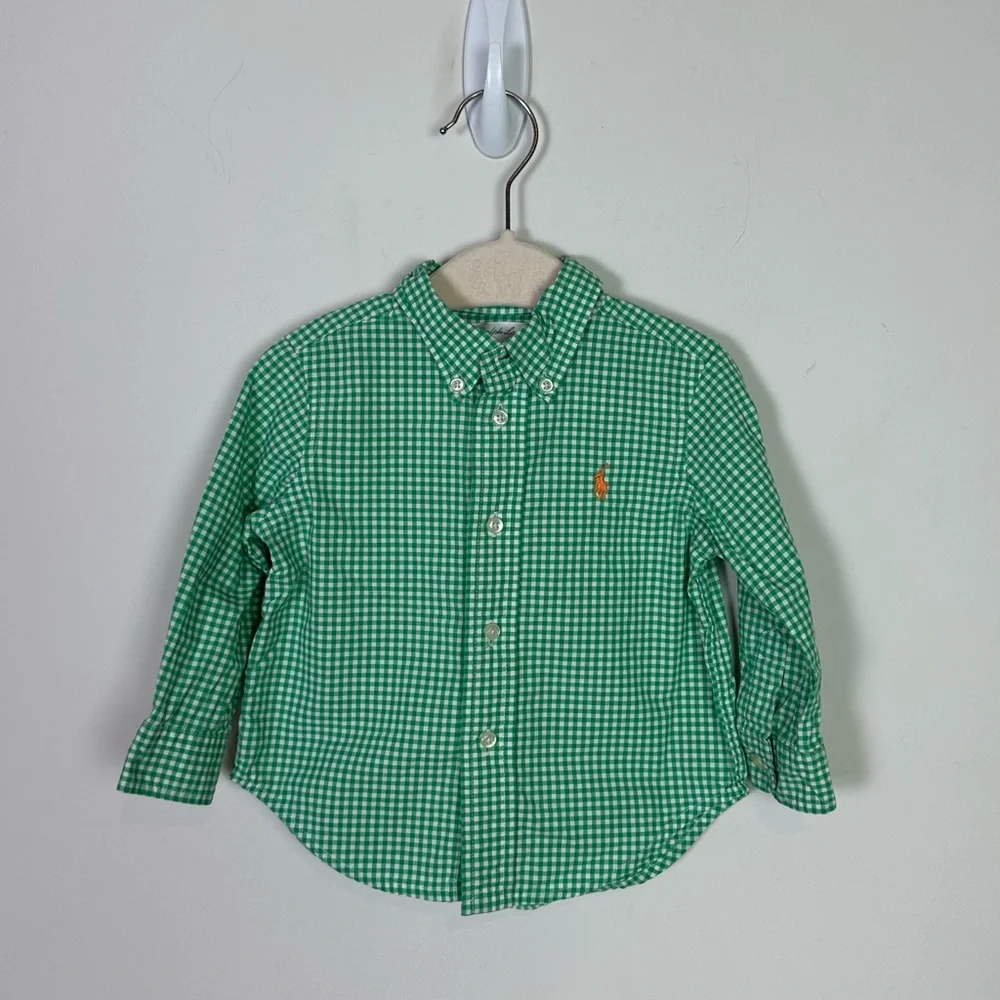 Ralph Lauren Baby Boy Green White Gingham Button Down Dress Shirt Size 12 Months